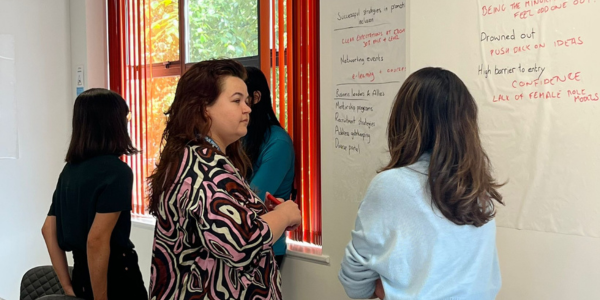 Two women discussing something on a whiteboard infront of them