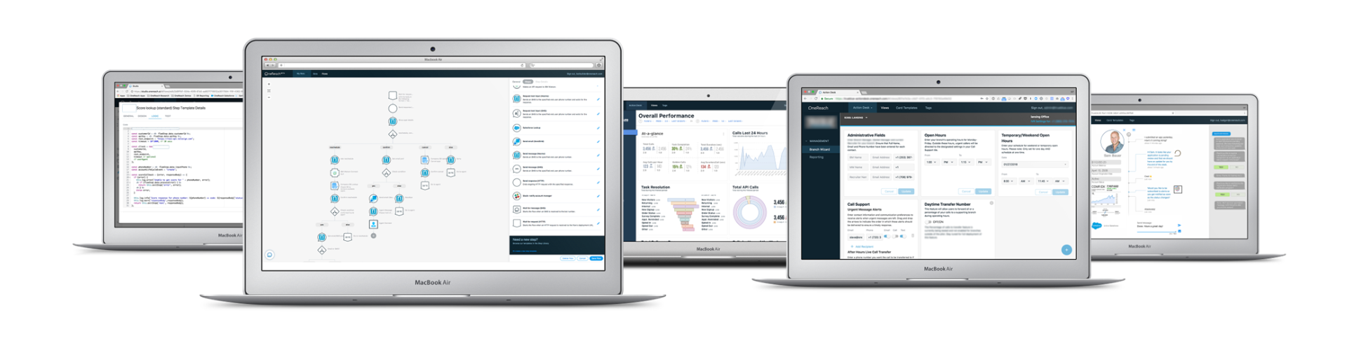 A series of laptops showing blurred content