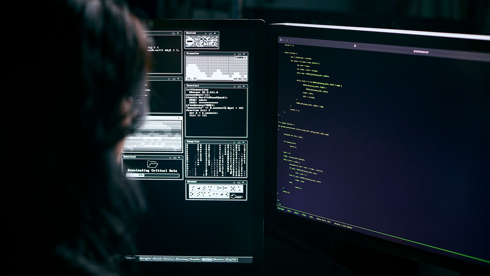 Silhouetted person facing two monitors showing code and terminal windows, including an alert reading "Downloading Critical Data"