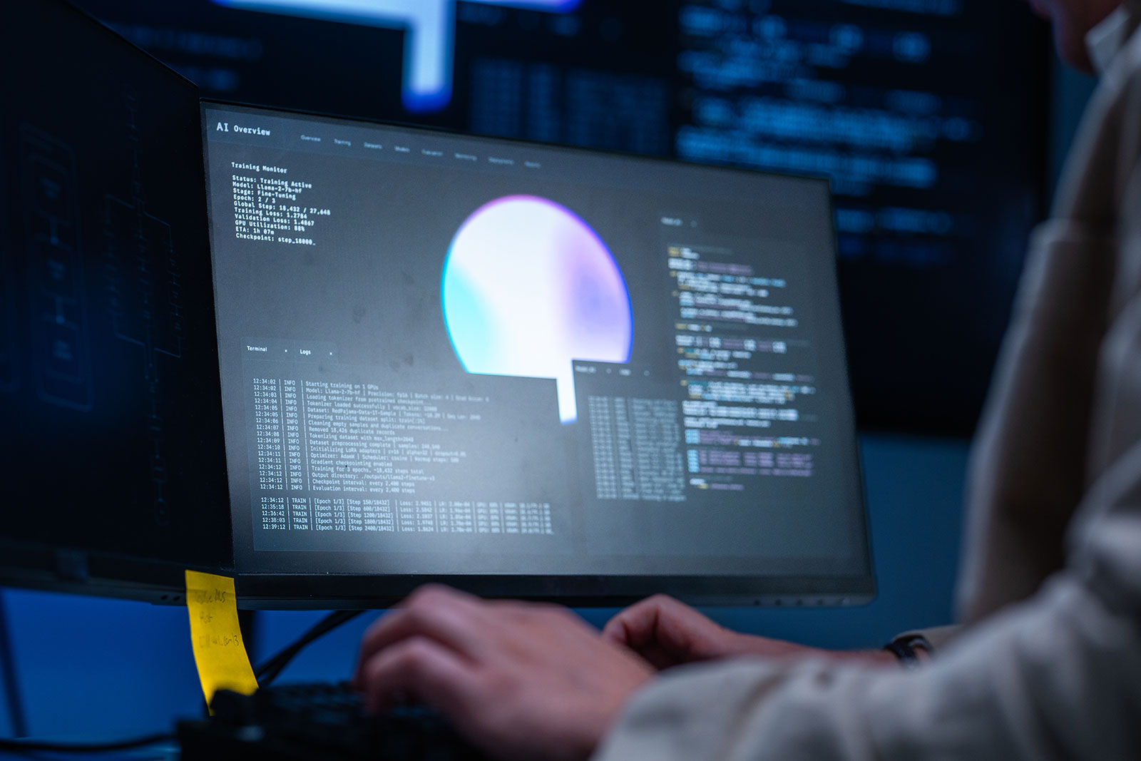 Person typing at a monitor showing an AI model training dashboard, with a training status panel, terminal logs and code